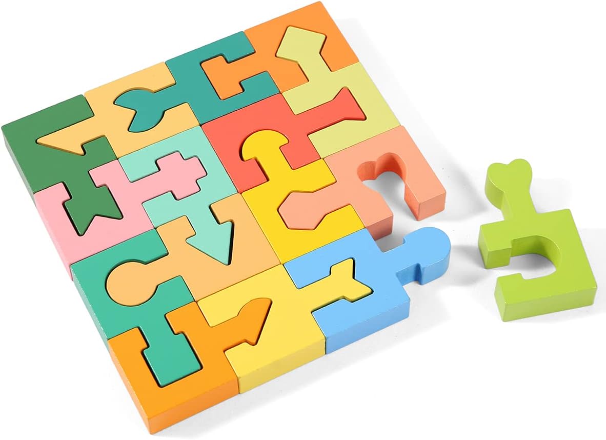 Wooden Shapes Puzzles Blocks Geometric Brain Teaser Montessori Toys Jigsaw 3D Logic IQ Game Shape Sorter Preschool Educational Learning Gift for 3 4 5 6 Year Old Toddlers Kids Boys Girls