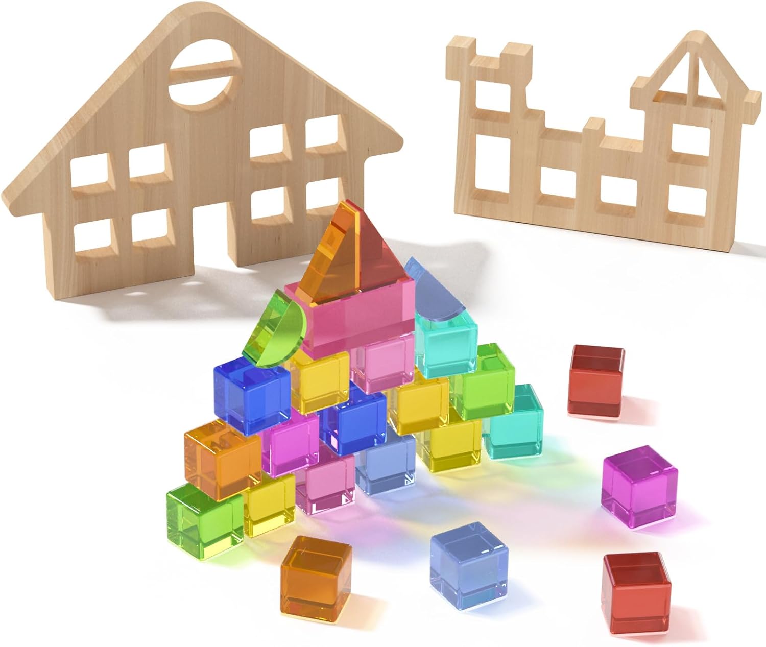 Building Blocks Set, Acrylic Rainbow Gem Cubes Stacking Toy with 2 Wooden Castle, Montessori Stacking Blocks Toys, Educational Toys for 3+ Year Old, Preschool Toddler Wooden Sensory Toys