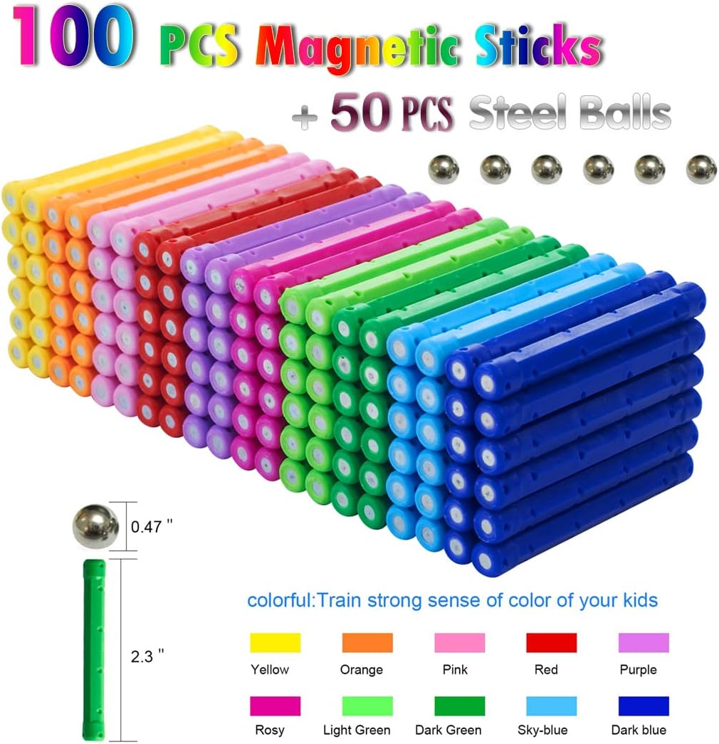 150Pcs Magnetic Building Sticks Blocks Toys, 2.3" Length Magnet Educational Toys Set for Kids and Adult, Building Toy 3D Non-Magnetic Balls with Storage Bag - Image 2