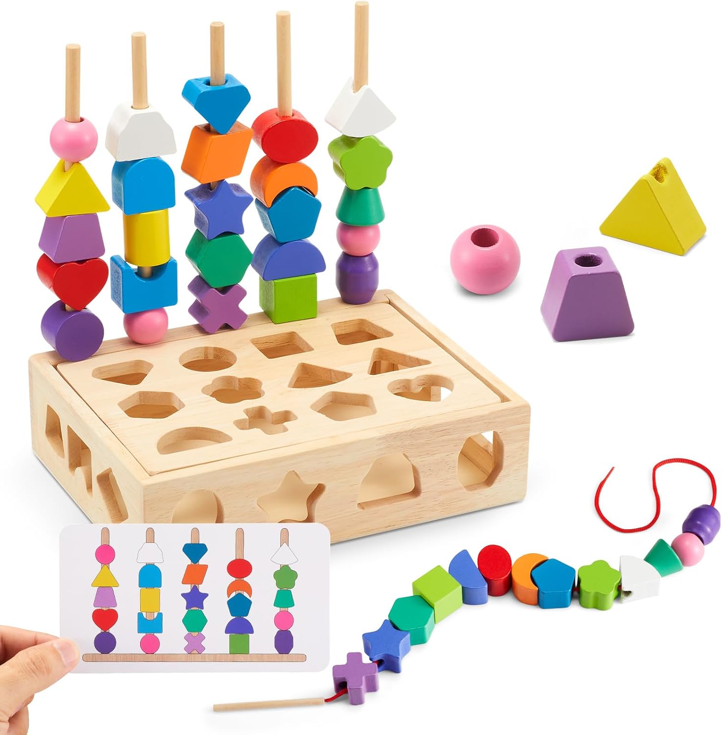 3 in 1 Montessori Wooden Toys, Lacing Beads & Stacking Blocks & Shape Sorter Sequencing Toy Set, Preschool Educational Learning Fine Motor Skills Toys for Toddlers 3 4 5 Years Gifts