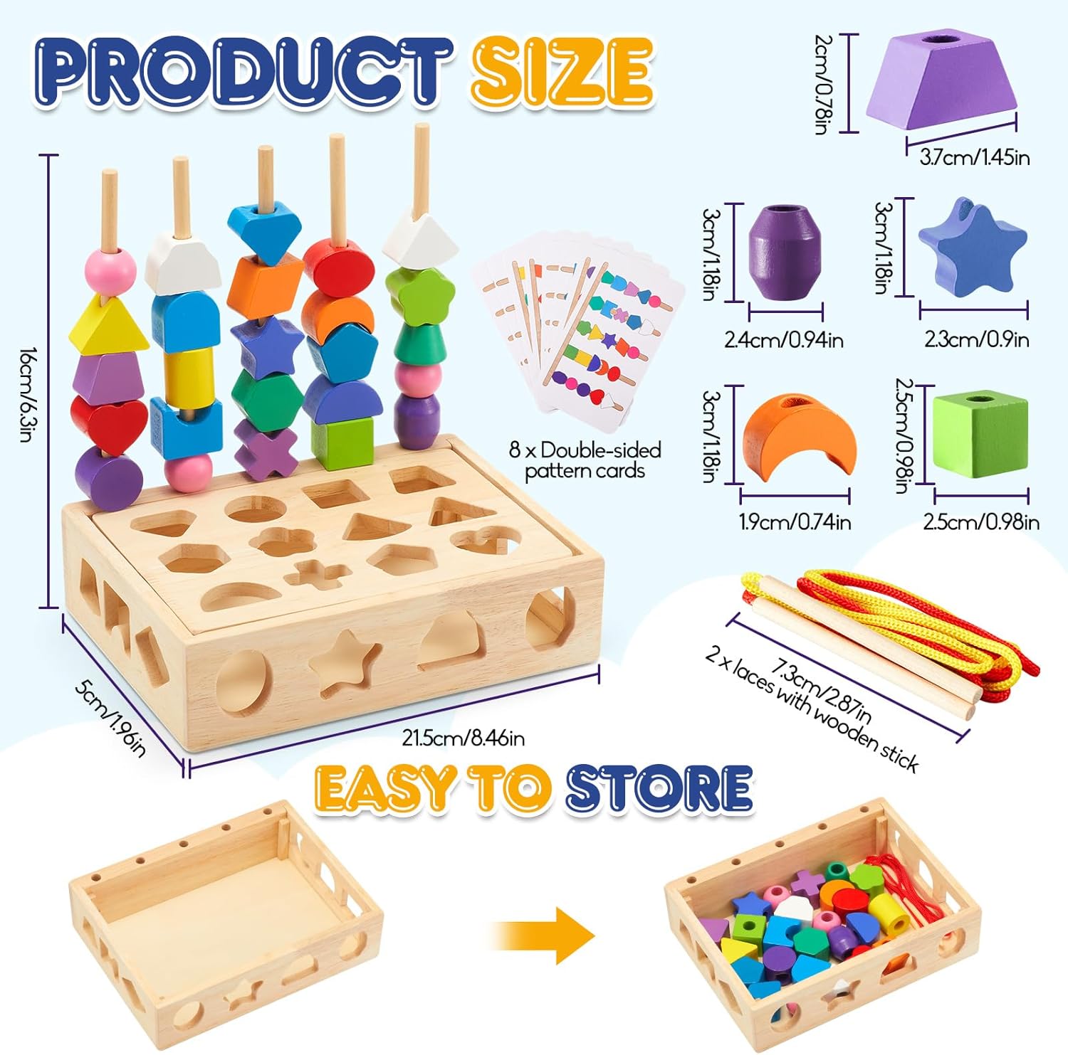 3 in 1 Montessori Wooden Toys, Lacing Beads & Stacking Blocks & Shape Sorter Sequencing Toy Set, Preschool Educational Learning Fine Motor Skills Toys for Toddlers 3 4 5 Years Gifts - Image 2