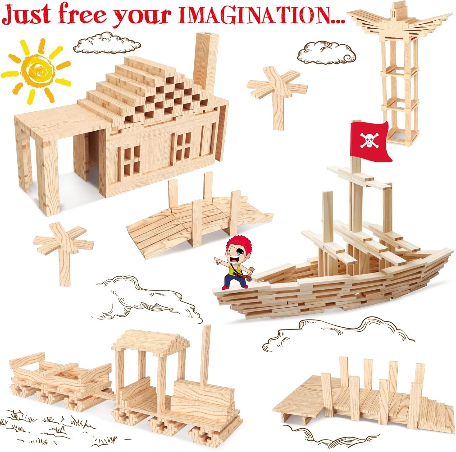 200PCS Wooden Building Blocks for Kids Toddlers Wood Planks Set Stacking Block Toy with Storage Bag Learning Educational Toys for Boys Girls Gifts - Image 2