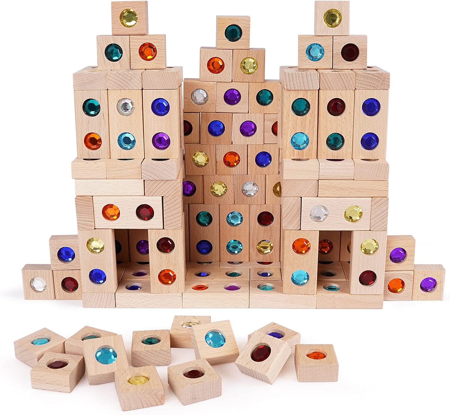 128pcs Wooden Building Blocks Set Rainbow Stacking Game Rainbow Stacker Acrylic Block Construction Toy Sensory Montessori Toys Colorful Preschool Learning Educational Learning Toys for Boys Girls - Image 2