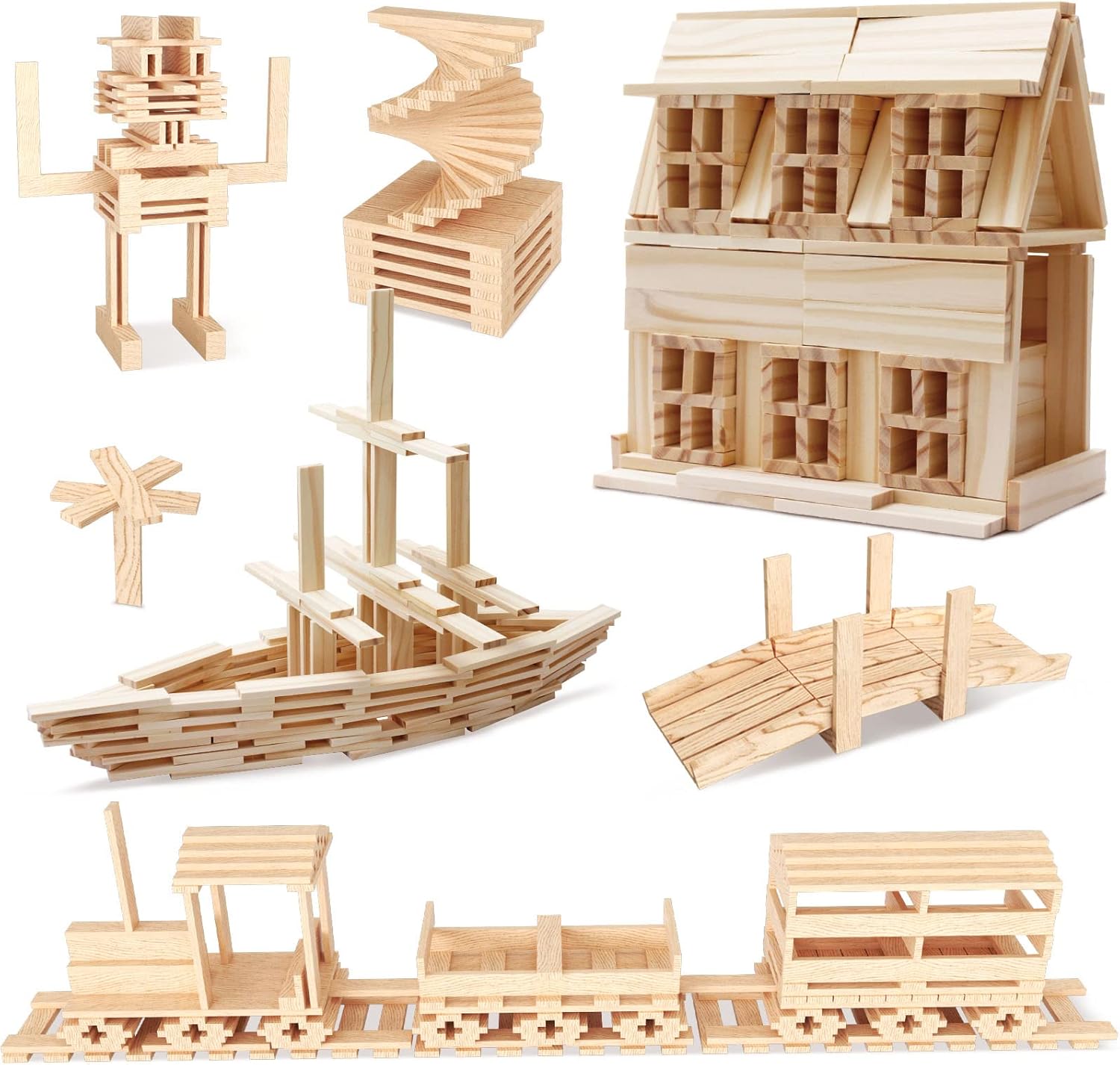 200PCS Wooden Building Blocks for Kids Toddlers Wood Planks Set Stacking Block Toy with Storage Bag Learning Educational Toys for Boys Girls Gifts