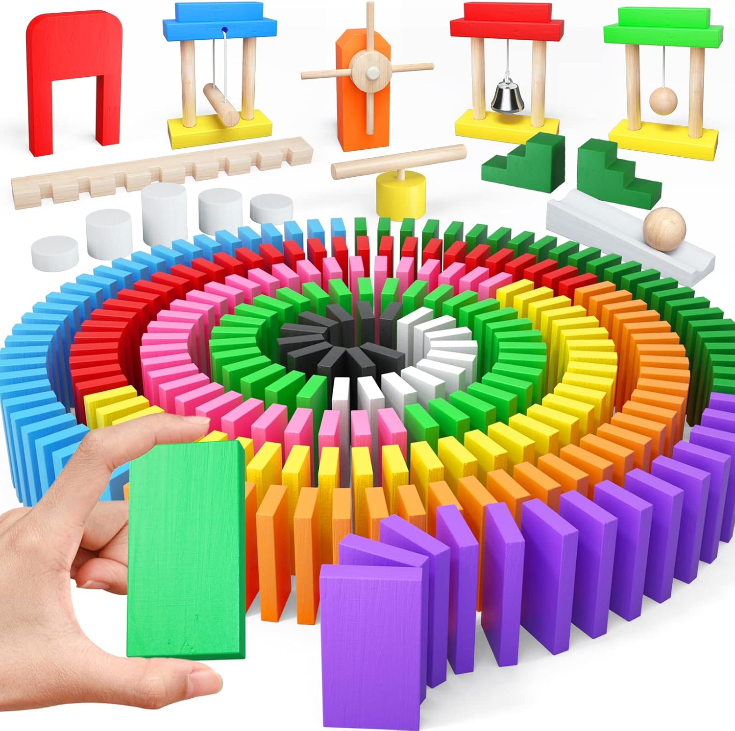 Large Dominoes for Kids, Wooden Dominos Set Include 200 PCS Colorful Domino Blocks, 11 Add-on Tricks and 1 Storage Bag, Bulk Building Dominoes