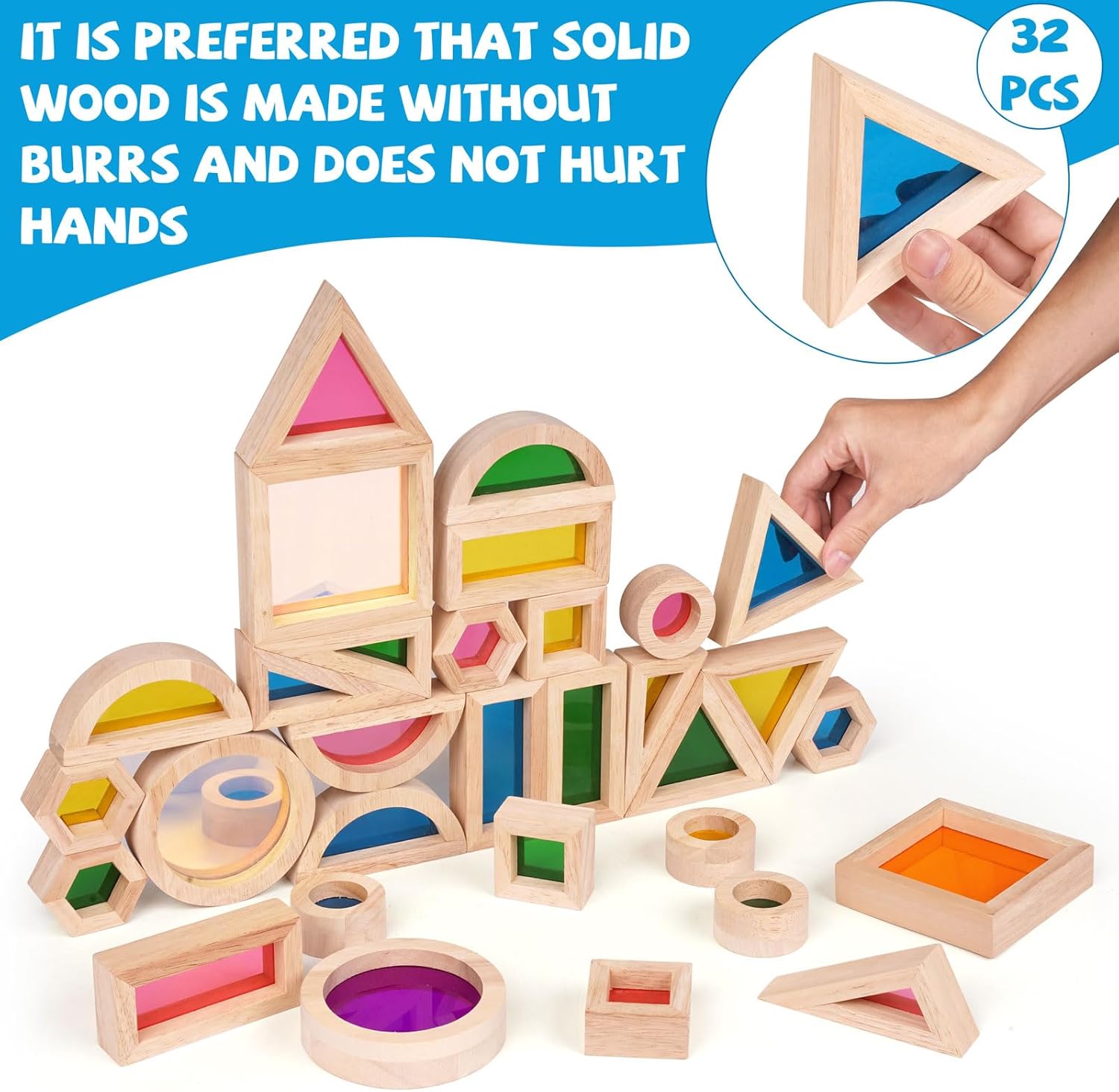 Wooden Rainbow Building Blocks for Kids 32 Pcs Rainbow Stacker Stacking Blocks Game Colorful Construction Toys Preschool Learning Educational Toys -Geometry Wooden Blocks for Boys & Girls - Image 2