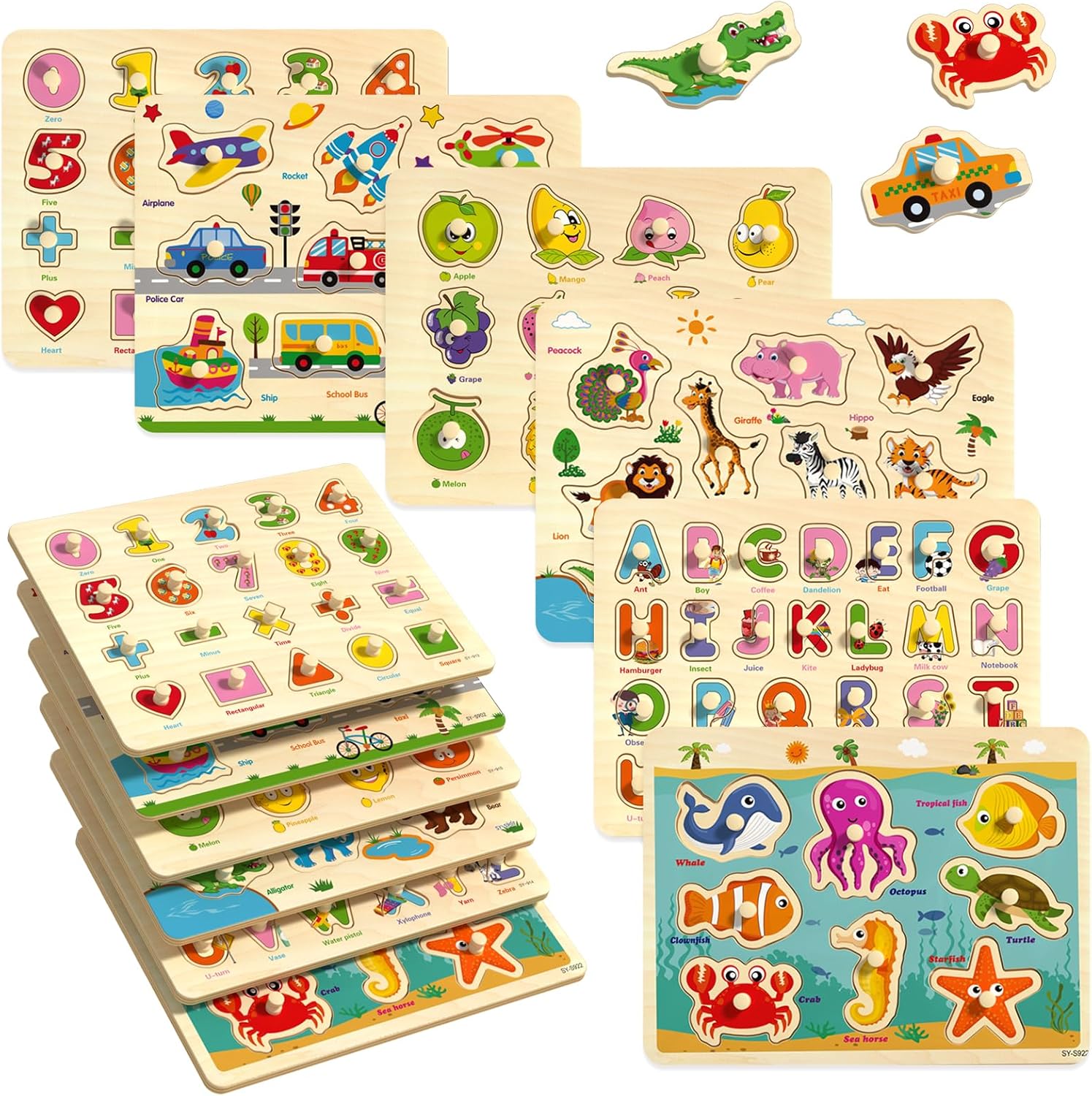 Wooden Peg Puzzles for Toddlers 2-4, 6 Pack Educational Peg Puzzles Montessori Toys, Learning Puzzles for Kids Girs Boys 1-3 3-5 with Alphabet Number Animal Vehicle Shape