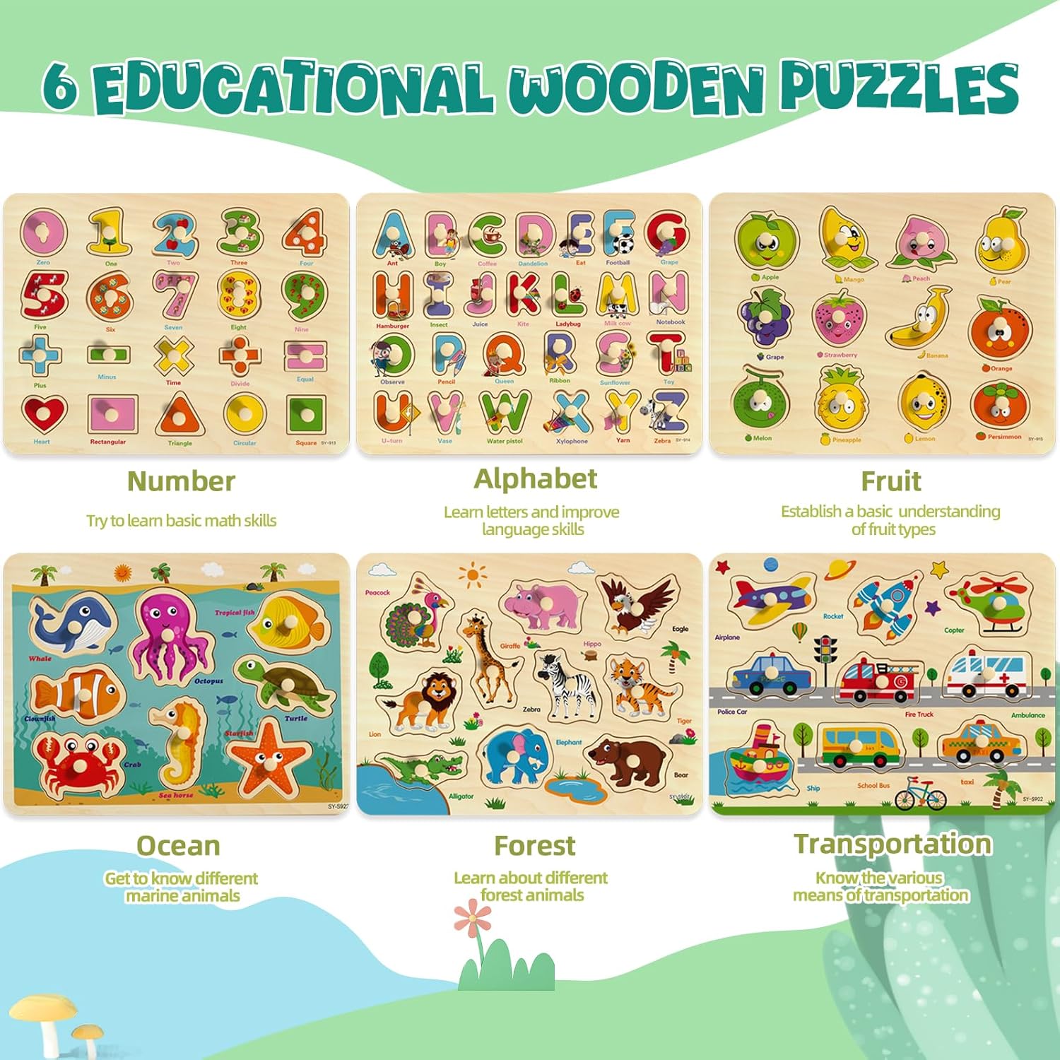 Wooden Peg Puzzles for Toddlers 2-4, 6 Pack Educational Peg Puzzles Montessori Toys, Learning Puzzles for Kids Girs Boys 1-3 3-5 with Alphabet Number Animal Vehicle Shape - Image 2