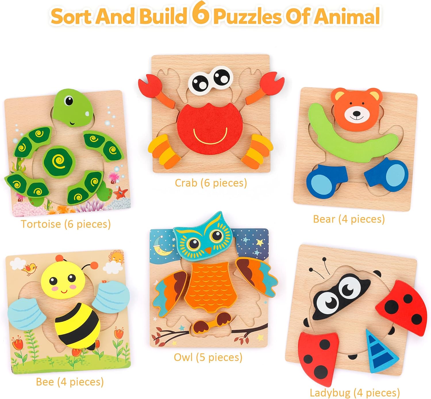 Wooden Jigsaw Puzzle Set, 6 Pack Animal Shape Color Montessori Toy, Fine Motor Skill Early Learning Preschool Educational Gift Game for Years Old Kids - Image 2