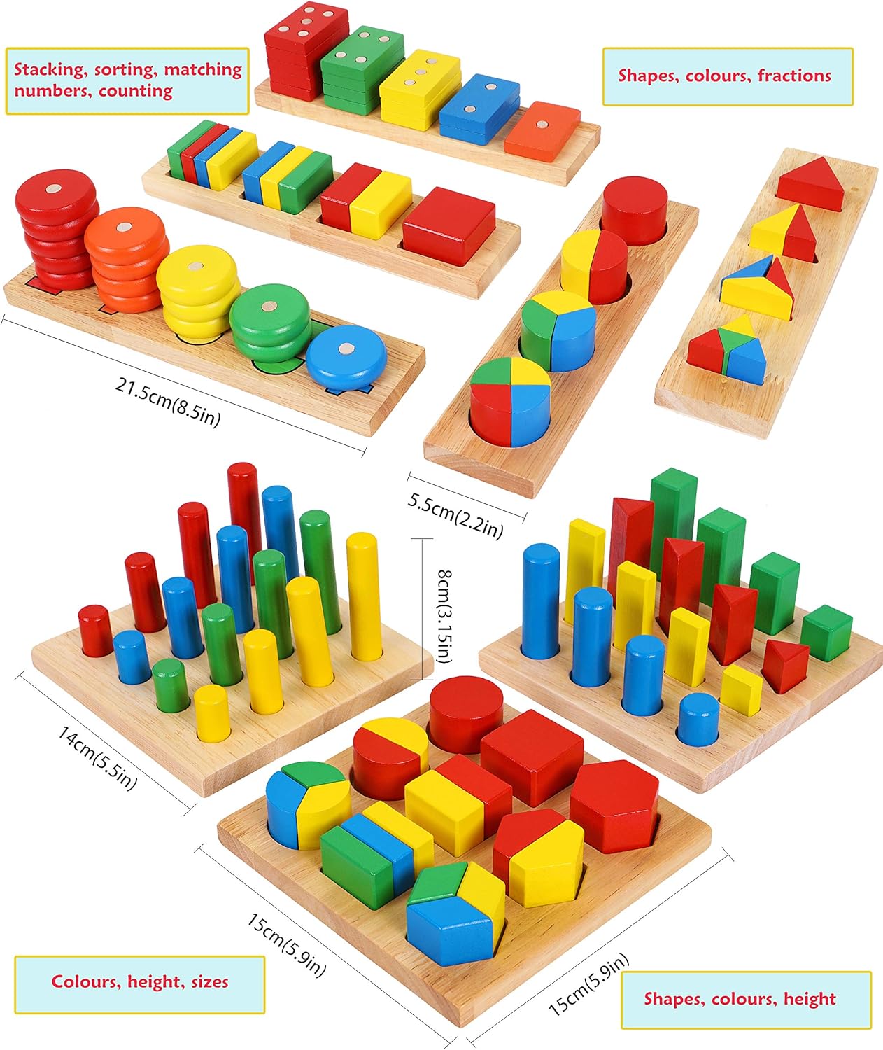 Wooden Geometric Shapes Stacking Rings and Fractions Boards 8 in 1 Set Puzzles- Shape Sorter Sorting Toy Stacking Game – Montessori Materials Educational Learning Toys for 3 4 5 6 Years - Image 2