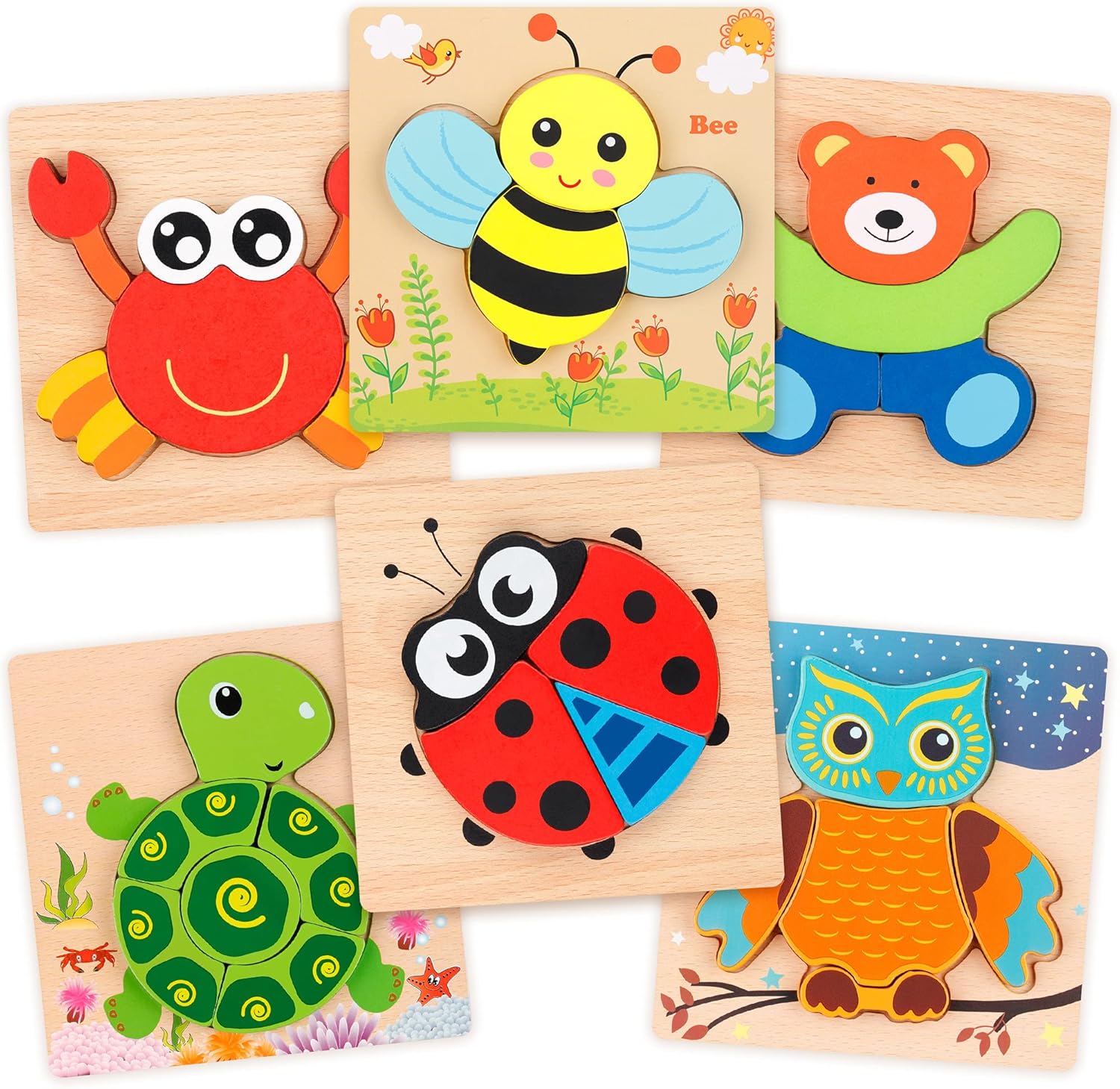 Wooden Jigsaw Puzzle Set, 6 Pack Animal Shape Color Montessori Toy, Fine Motor Skill Early Learning Preschool Educational Gift Game for Years Old Kids