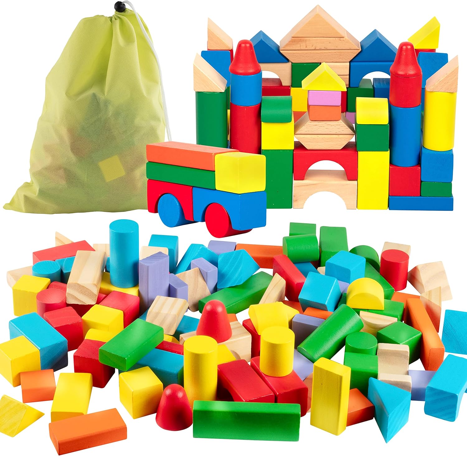 Wooden Blocks - 100 Pc Wood Building Block Set with Carrying Bag (Rainbow Colored)- 100% Real Wood in 7 Colors and 14 Shapes - Stack, Build and Store- Fun Gift, Back to School Project